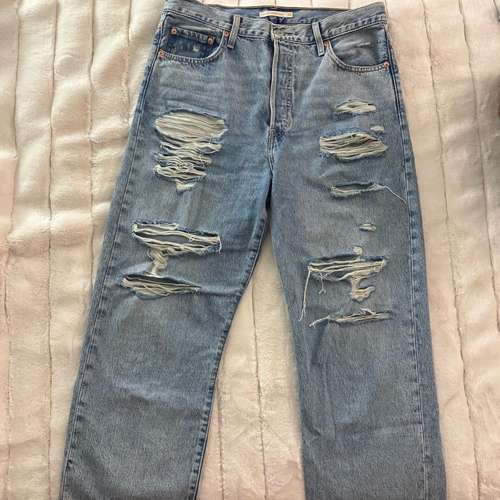 Levi's Blue Straight Ankle Jeans with Distressing
